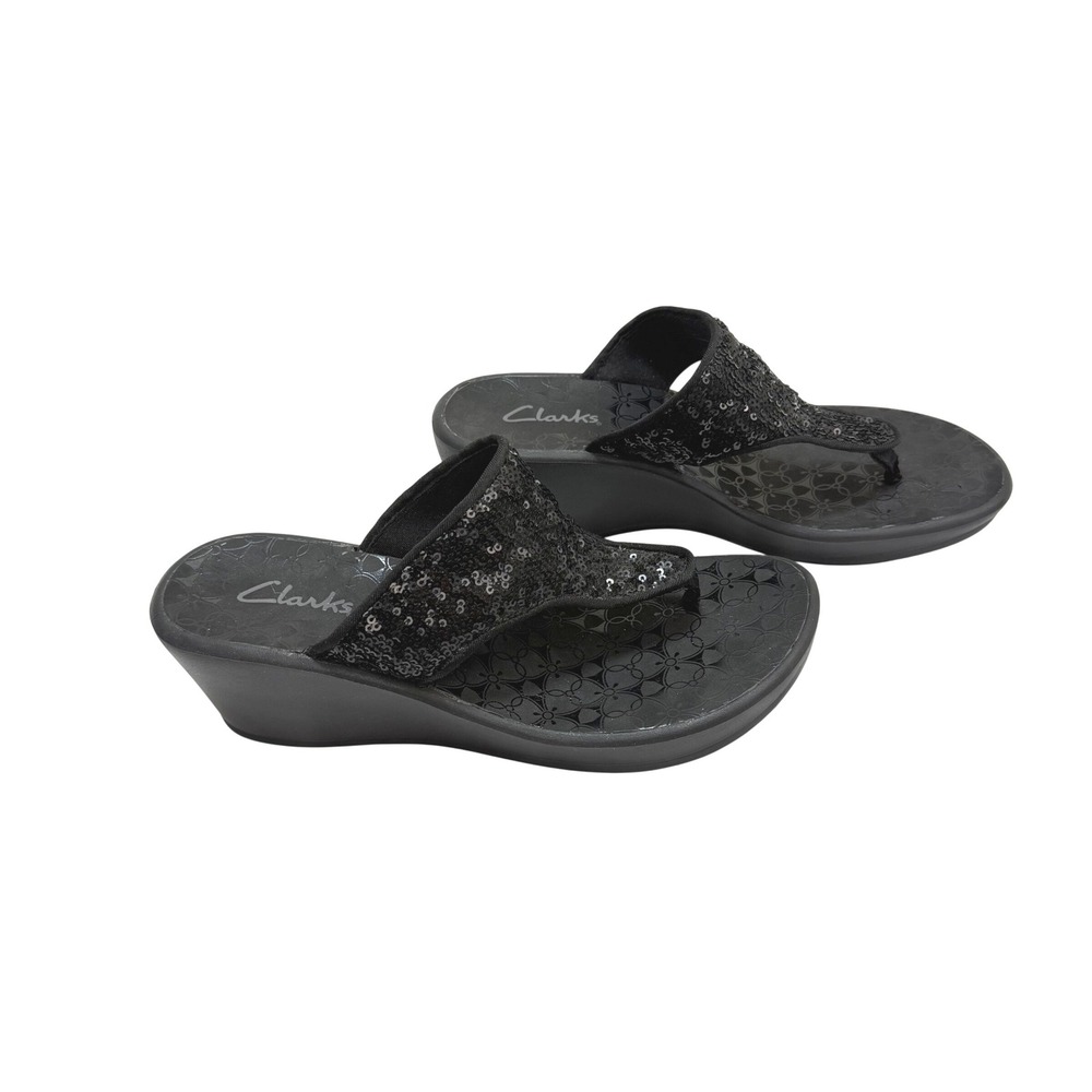 Clarks Wedge Sandals 7M Black Sequin Thong Flipflop Platform Floral Footbed Glam